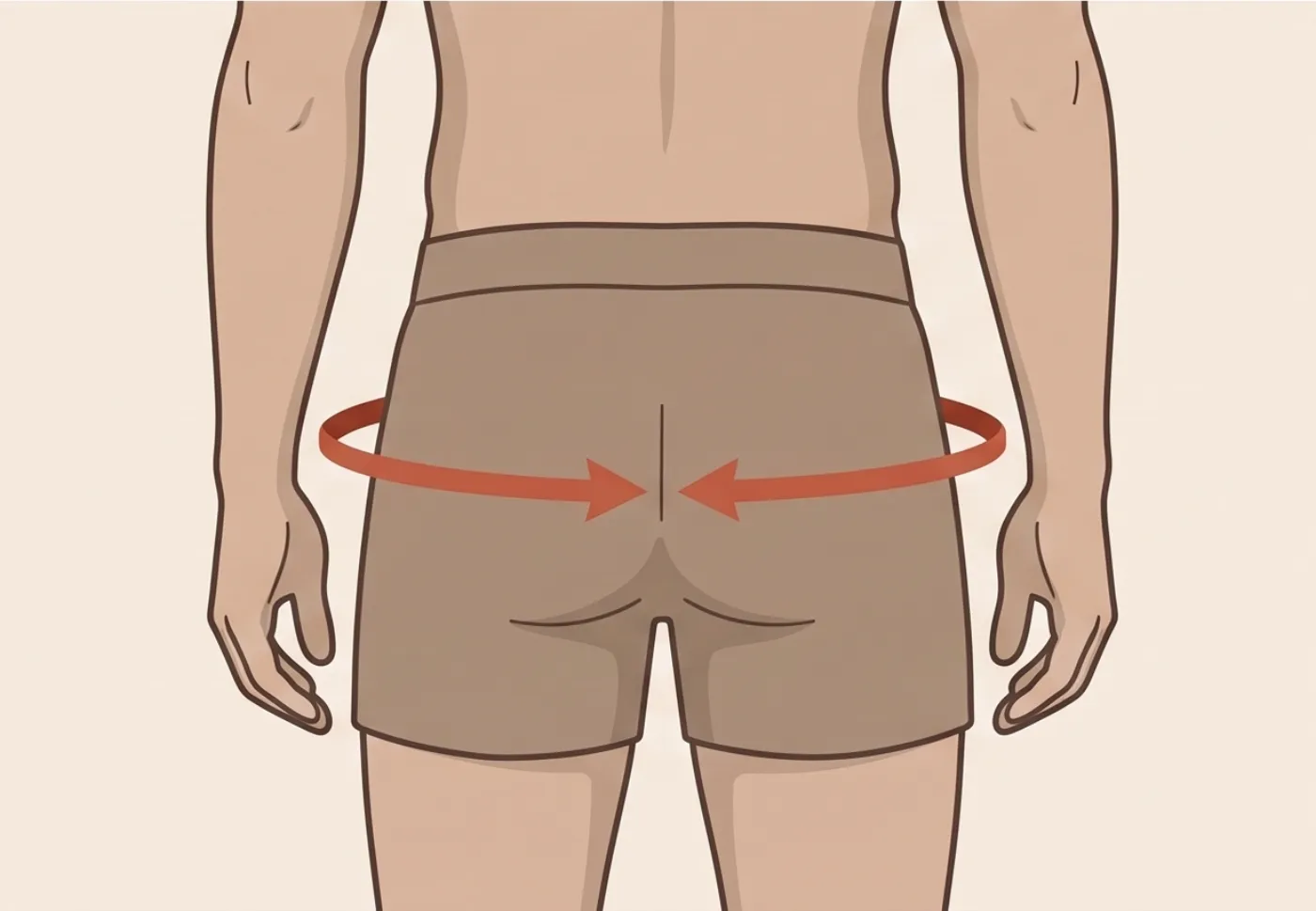 Illustration of a man's hips with a measurement indicator at the fullest part of the seat