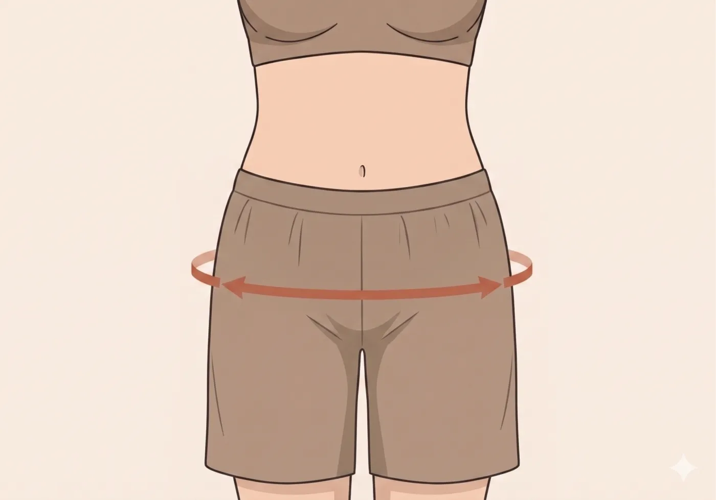 Illustration of a woman's hips with a measurement indicator at the fullest part of the seat, below the waist